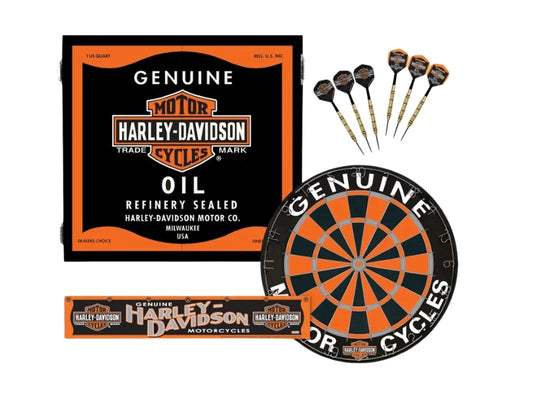 Dart World Harley Davidson Oil Can Dartboard & Cabinet Set | With 6 Darts