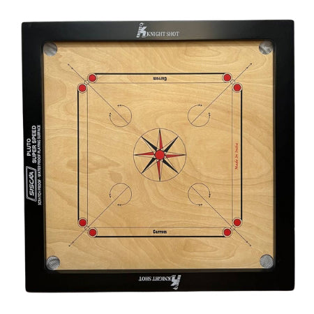 Knight Shot – Siscaa Pluto Carrom Board 34×34 | 6mm Indian Ply In Black with Coin Set