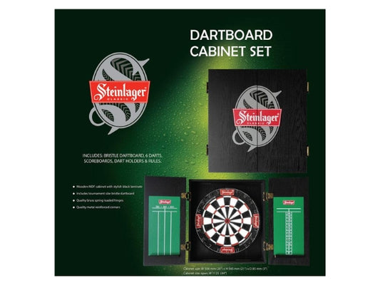 Shot Darts Steinlager Dartboard & Cabinet Set with 6 Darts | Premium Dart Set for Game Rooms