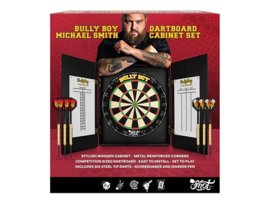 Shot Bully Boy Michael Smith Dartboard Cabinet Set with 6 Steel Tip Darts | Premium Dart Set for Game Rooms