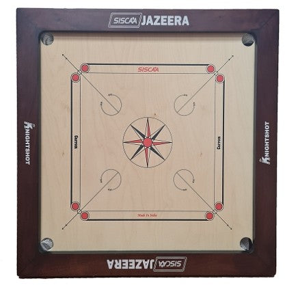 Knight Shot - Siscaa Jazeera Carrom Board 35x35 | 20mm Birch Ply In Natural Brown with Coin Set